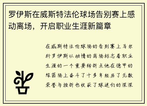 罗伊斯在威斯特法伦球场告别赛上感动离场，开启职业生涯新篇章