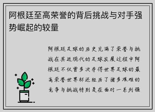 阿根廷至高荣誉的背后挑战与对手强势崛起的较量