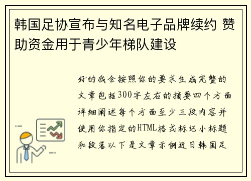 韩国足协宣布与知名电子品牌续约 赞助资金用于青少年梯队建设