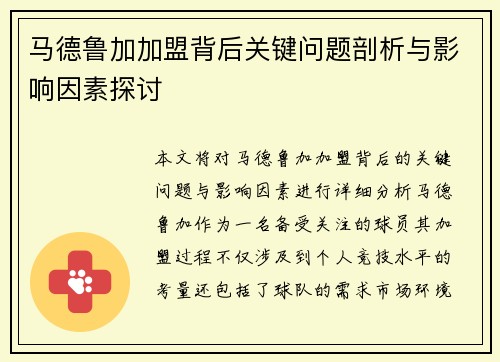 马德鲁加加盟背后关键问题剖析与影响因素探讨