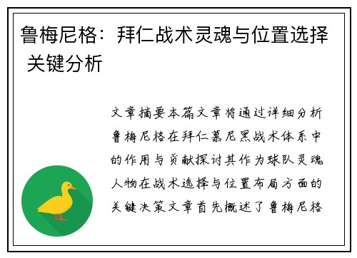 鲁梅尼格：拜仁战术灵魂与位置选择 关键分析
